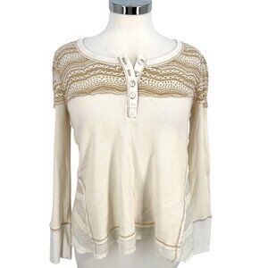 Sundance Clara Thermal Ivory Lace Button Accent Long Sleeve Top Size Medium